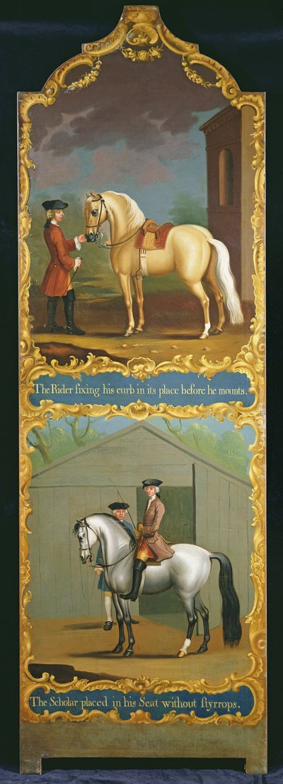 The Rider Fixing his Curb in its Place before he Mounts and The Scholar Placed in his Seat without Styrrops by Thomas, of Pall Mall Butler